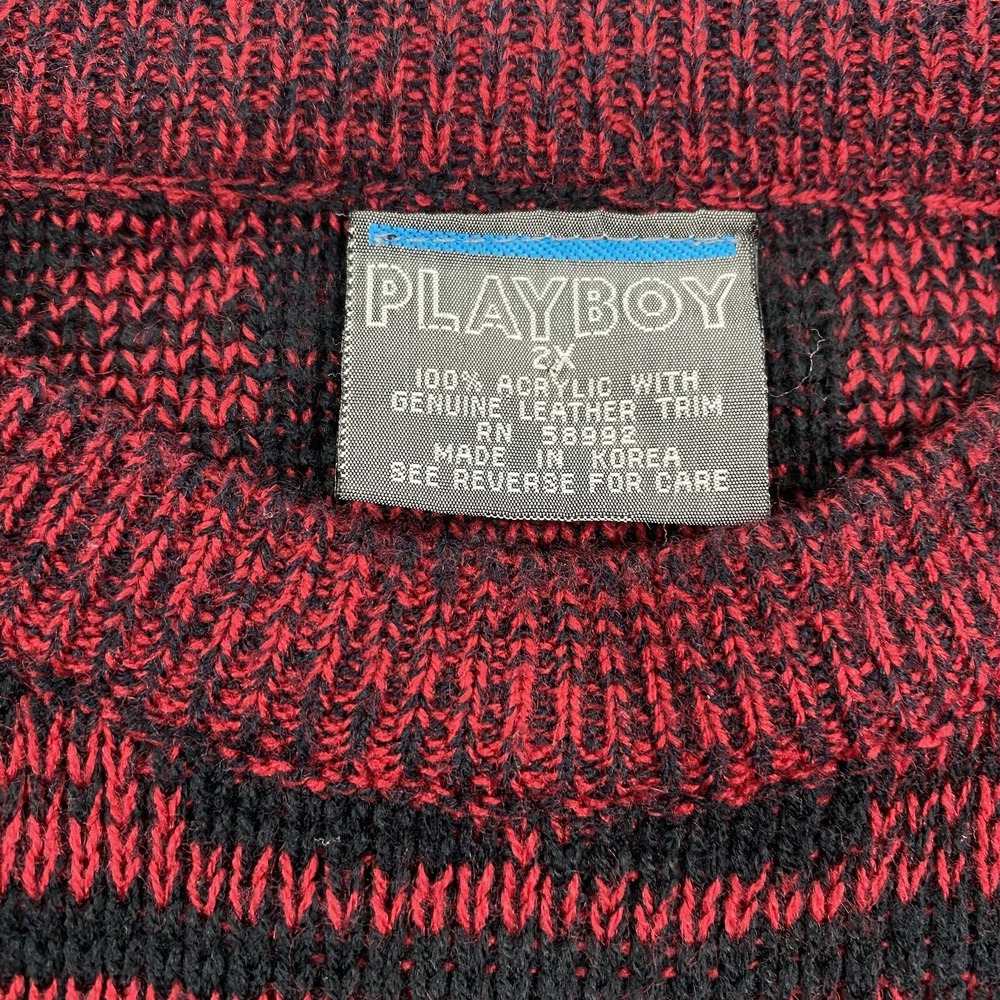 Vintage Playboy Sweater Mens 2X Red Black Pullover Crew Neck Leather Trim - Picture 7 of 9